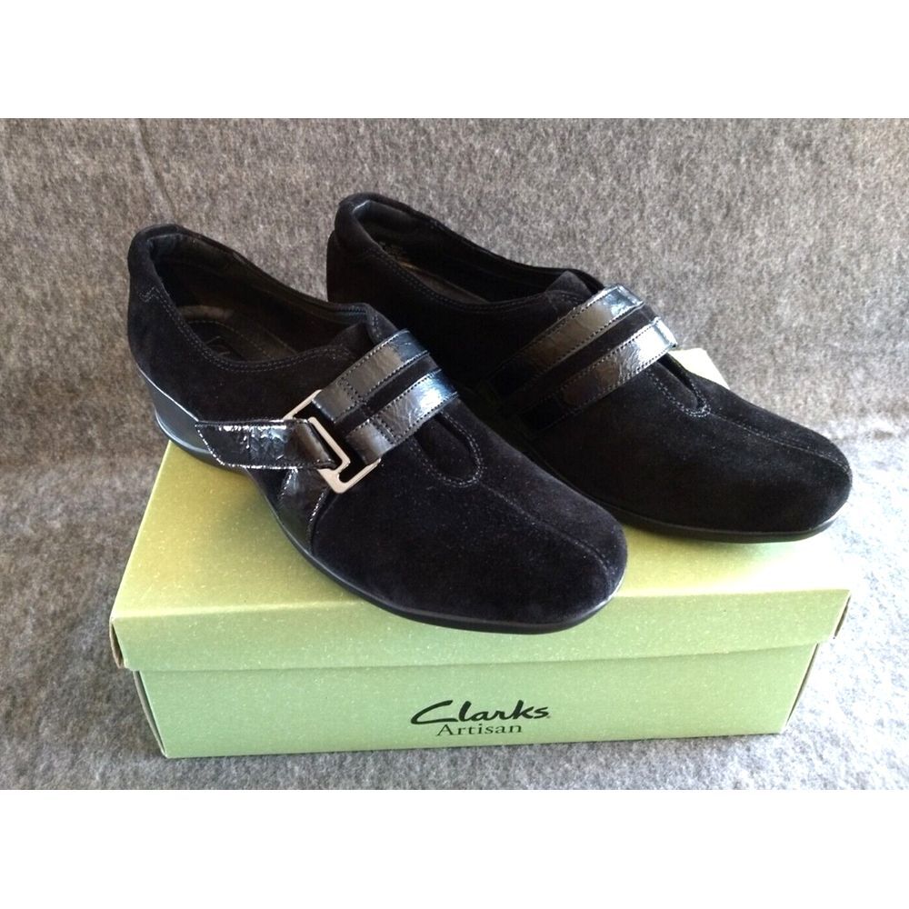 Clarks Artisan Black Suede Shoes Embrace Joy Wedge Women 9M Active Air NIB‎ NEW